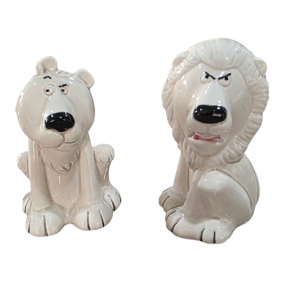 Vintage Lion and Lioness Enesco Japan Ceramic White Salt and Pepper Shakers